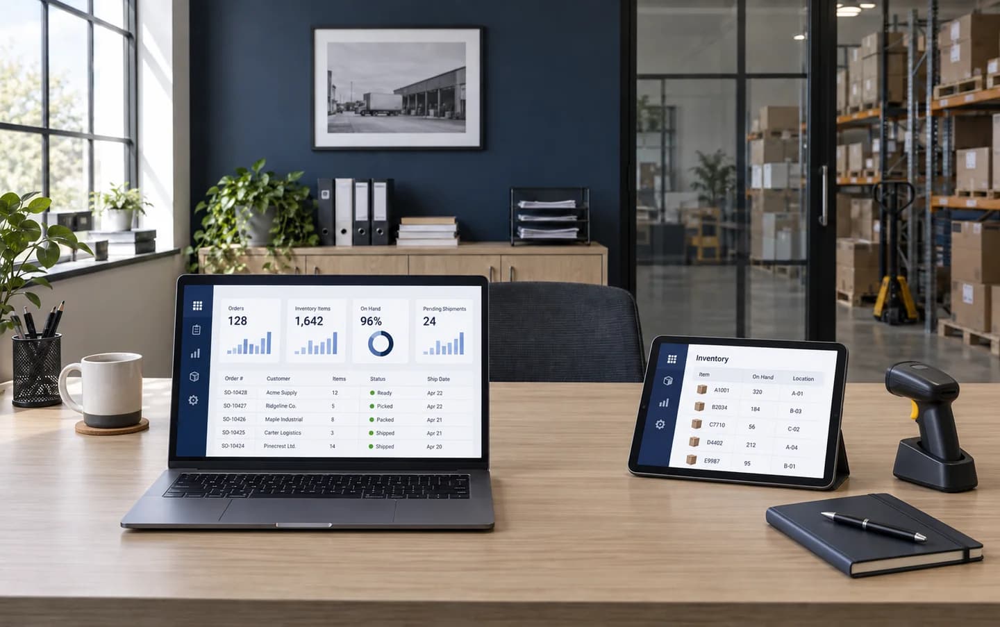 La misma oficina con un escritorio despejado y un sistema digital de pedidos e inventario