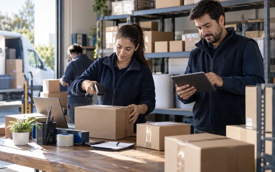 Escena ilustrativa de una distribuidora escaneando pedidos mientras su equipo consulta el inventario digital