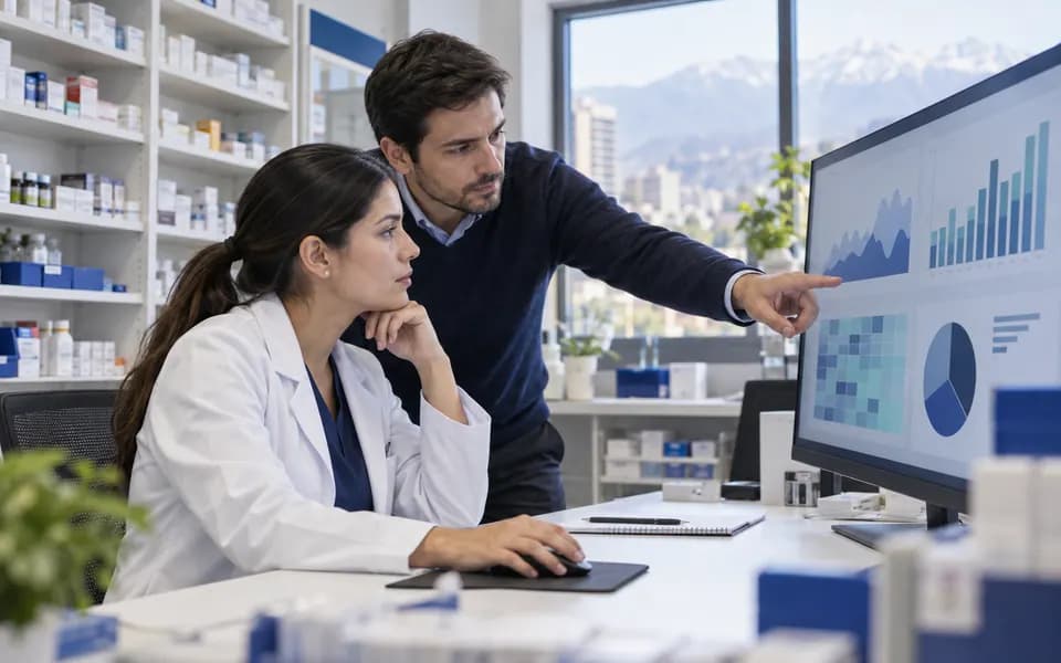 Escena ilustrativa de una farmacéutica y un analista revisando patrones de inventario en una pantalla