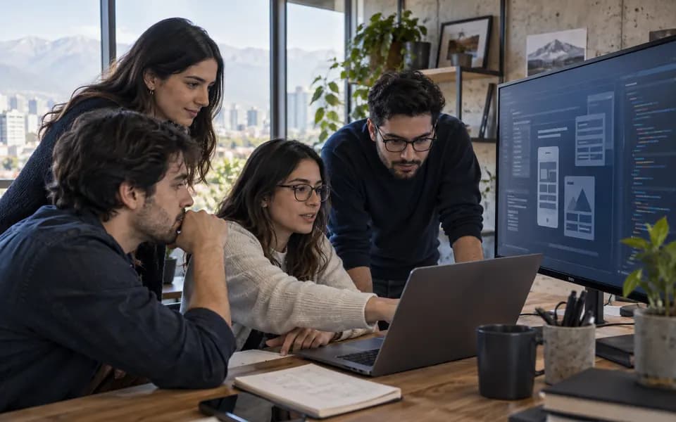 Escena ilustrativa de un equipo de desarrollo colaborando en el diseño de una aplicación a medida