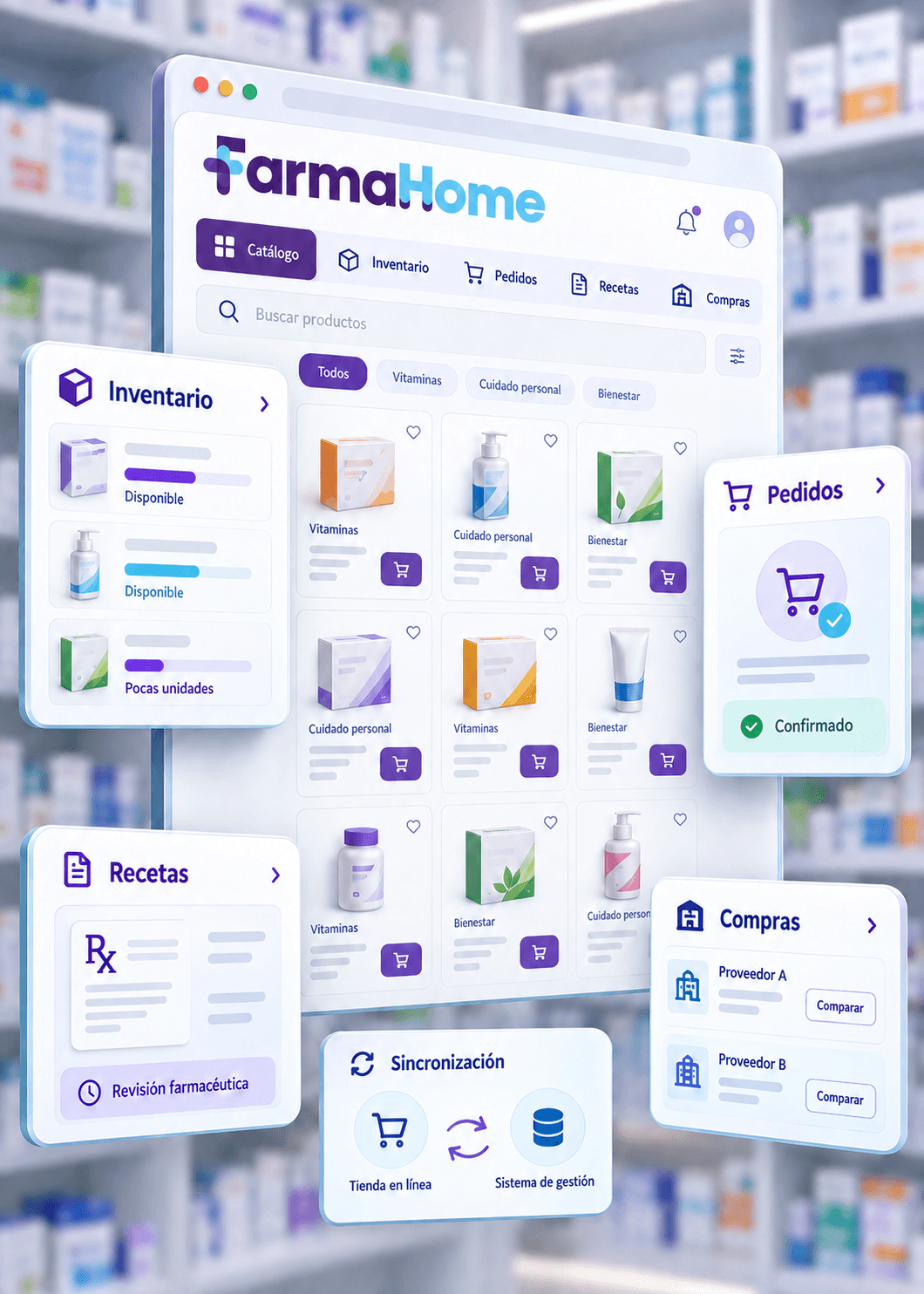Ilustración de la tienda en línea de FarmaHome con los módulos de inventario, pedidos, recetas, compras y sincronización